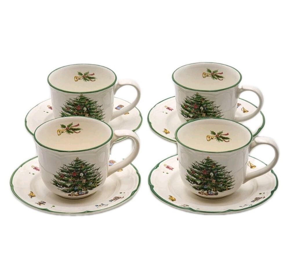 Yuletide The Cellar Macys Christmas Tree Cup and Saucer 4 Sets Japan 1992
